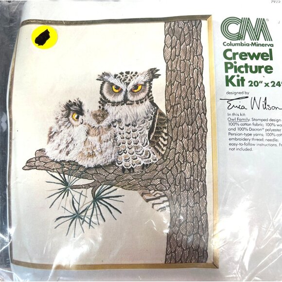 Columbia-Minerva Crewel Picture Kit Erica Wilson Owl Family 20" x 24" Craft Proj - Picture 2 of 4